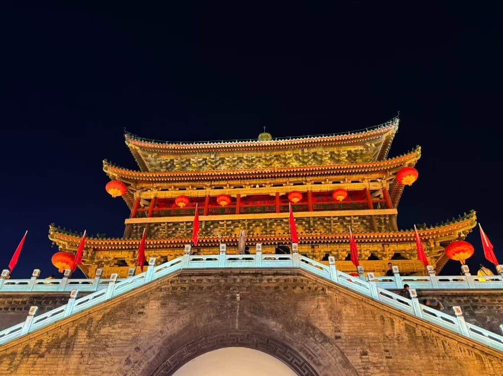 Traditional Chinese tower lit at night with golden roofs and red lanterns, Xi'an, China