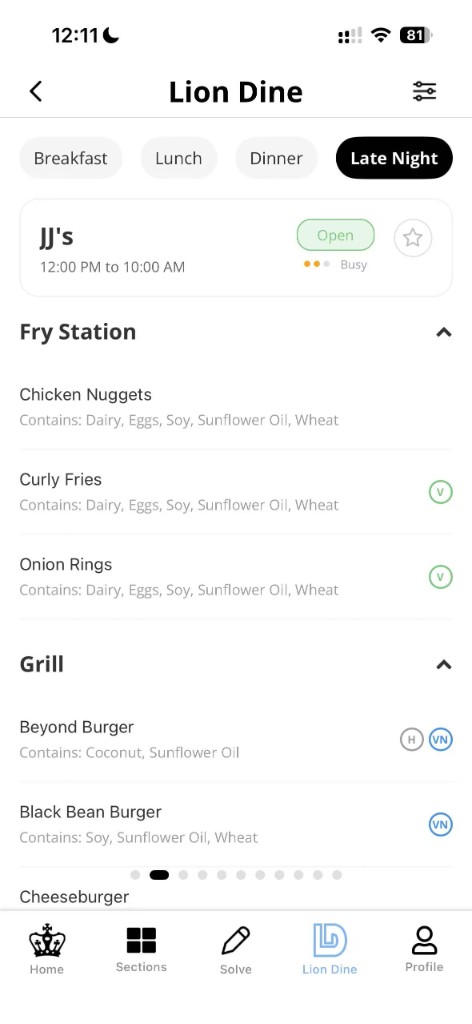 Columbia Spectator app: Lion Dine dining menu with meal tabs, venue hours, and dietary filters