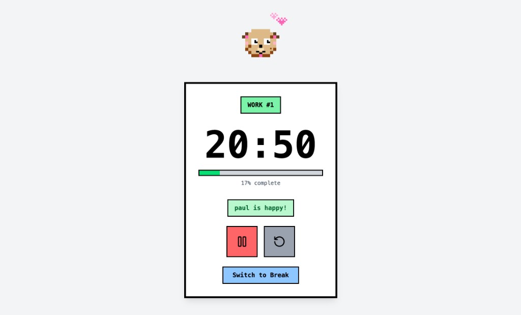 Pet Pomodoro: timer with pixel dog mascot, work session, and controls