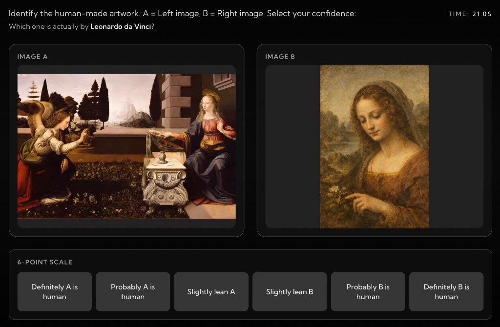 The Turing Gallery: compare two artworks and rate confidence on a six-point scale